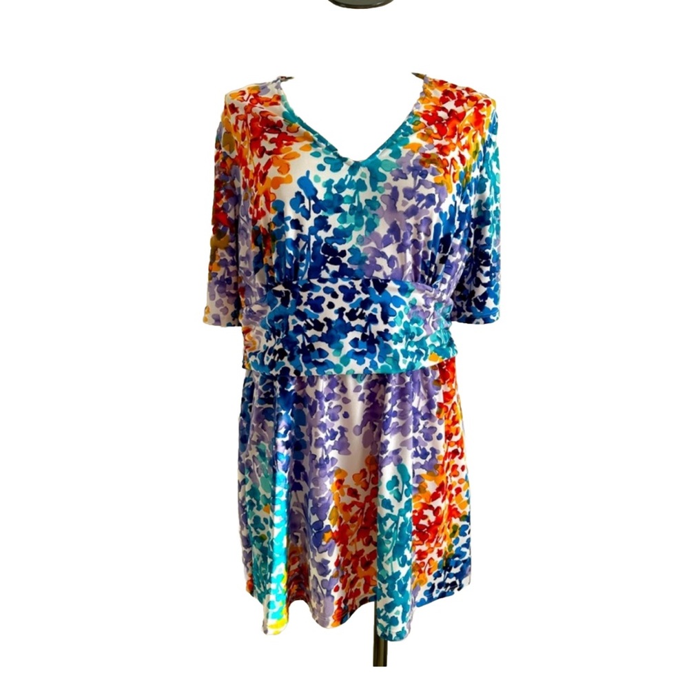 Long Elegant Legs Multi-Color Floral Short Sleeve V-Neck Tunic Top Large